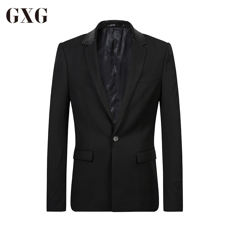 GXG男装西服春季韩版时尚青年修身气质百搭黑色休闲西装外套男潮 185/XXL 黑色
