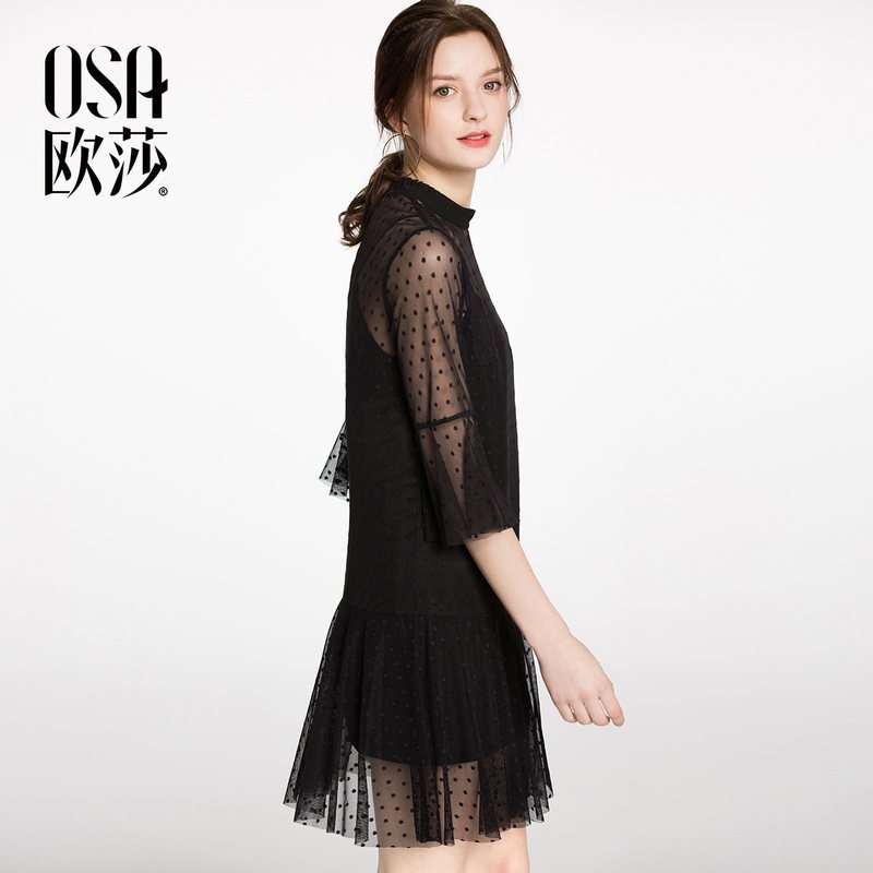 OSA欧莎2018春装新款女装两件套网纱性感优雅连衣裙_2 L 黑色