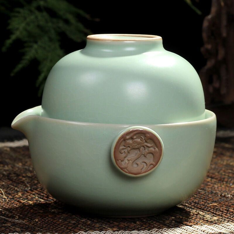常生源 旅行功夫茶具 原矿汝窑祥龙快客杯 一壶一杯套装汝瓷开片便携茶杯