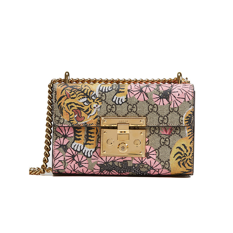 Gucci/古驰 Padlock系列女士滑动金属扣老虎印花迷你手袋409487 深米色
