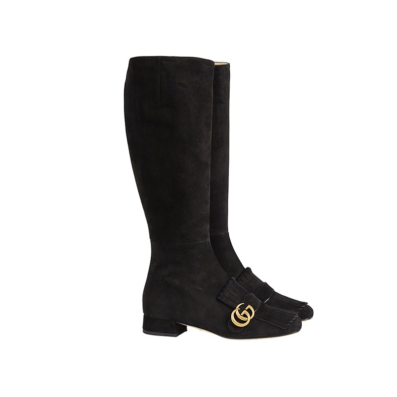 Gucci/古驰 Marmont系列GG麂皮女士高筒靴子408209 黑色 37.5码