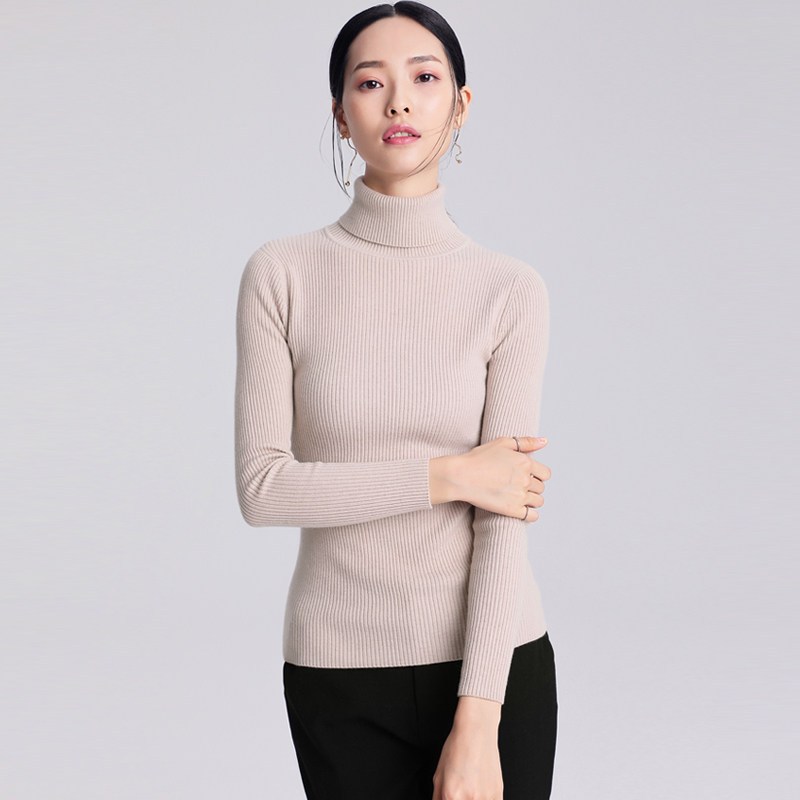 恒源祥羊毛衫弹力针织衫高领女秋冬修身保暖打底衫双翻领女装毛衣_3 100/M 灰米