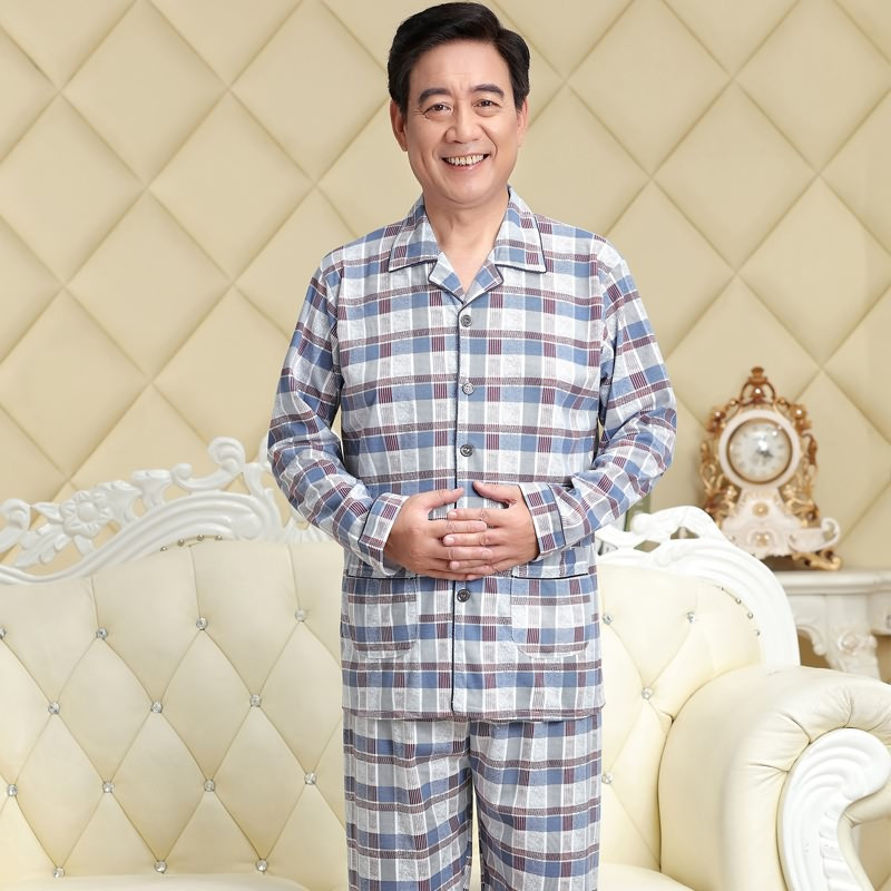 爱心鼠(Aixinshu)中老年人睡衣男春秋冬季开衫长袖长裤居家服棉质加大加肥男士爸爸休闲家居服套装7609 2XL码 3号款