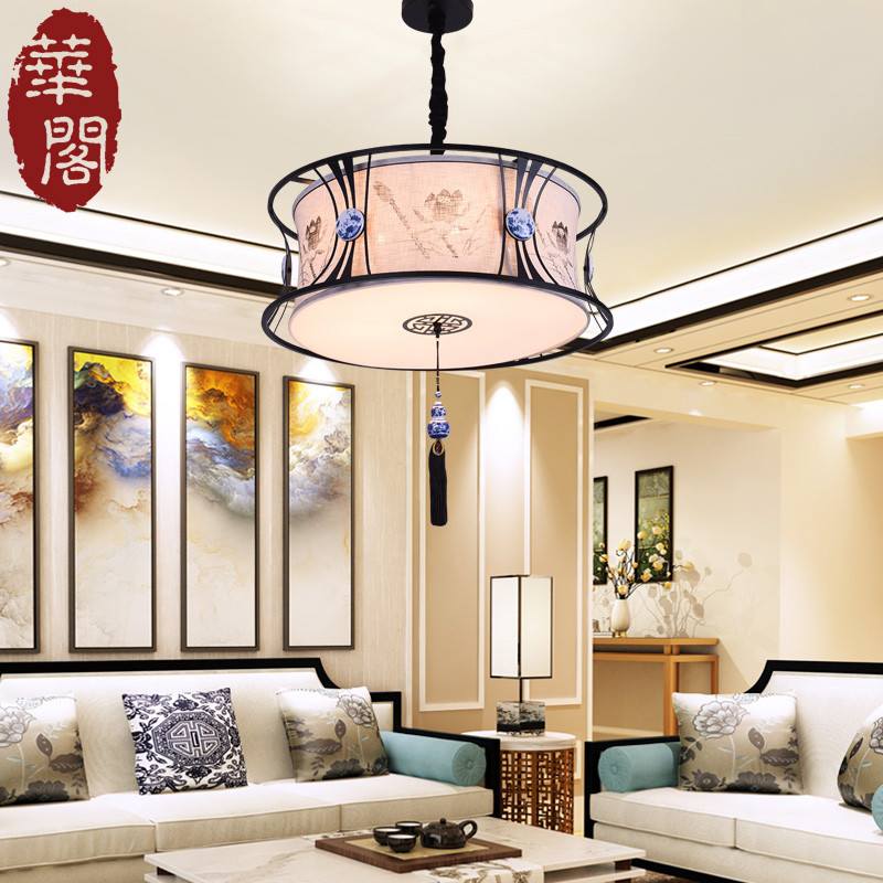 华阁 现代新中式吊灯古典创意仿古中国风布艺客厅餐厅灯具现代中式茶楼过道玄关小吊灯1098 大号-直径65CM