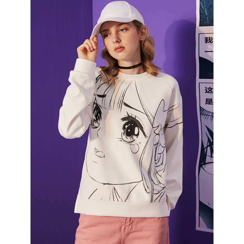 UNIFREE 2018秋装新款女装时尚卡通印花圆领长袖宽松卫衣UH183A211 白色 M
