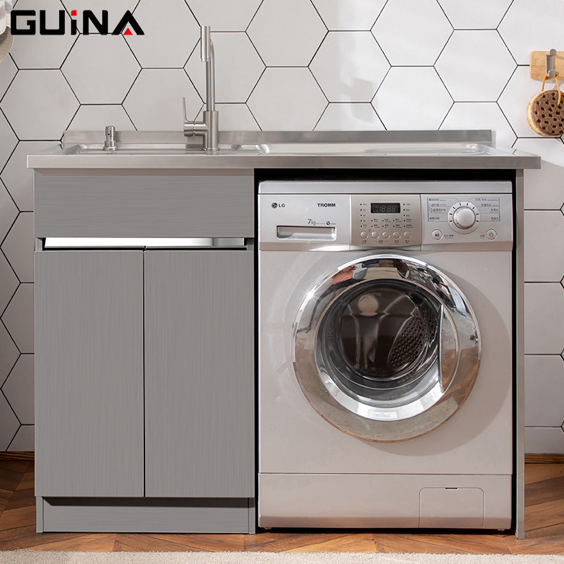 贵娜(guina) 洗衣柜 阳台洗衣池带搓板洗衣机伴侣柜 1.2M 1.2拉丝左盆