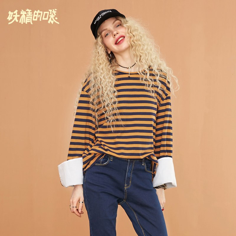 妖精的口袋Y红白条纹秋装2018新款纯棉学生原宿风长袖T恤上衣女J_1 S 复古咖色