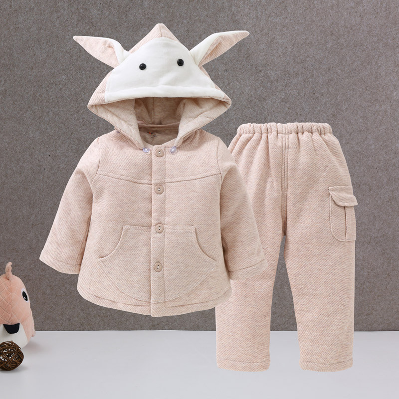 卡比一木 儿童秋冬连帽棉服套装宝宝棉衣婴儿加厚夹棉外出服活帽立领套KM8186 73cm 棕色
