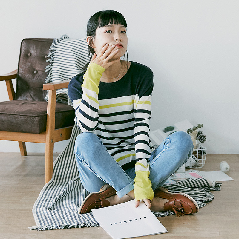 素缕秋装2018新款女文艺条纹套头显瘦针织衫打底上衣女DS8351尛 L 条纹