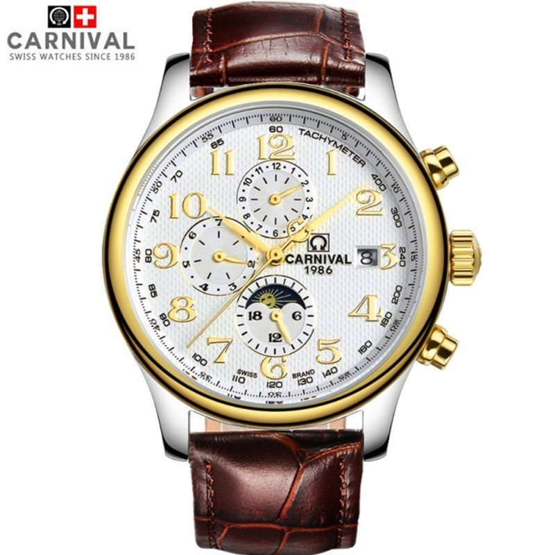 正品嘉年华Carnival手表男全自动机械表 男士商务时尚表休闲多功能真皮日月星相皮表带防水男表8702GH 月相间白棕皮