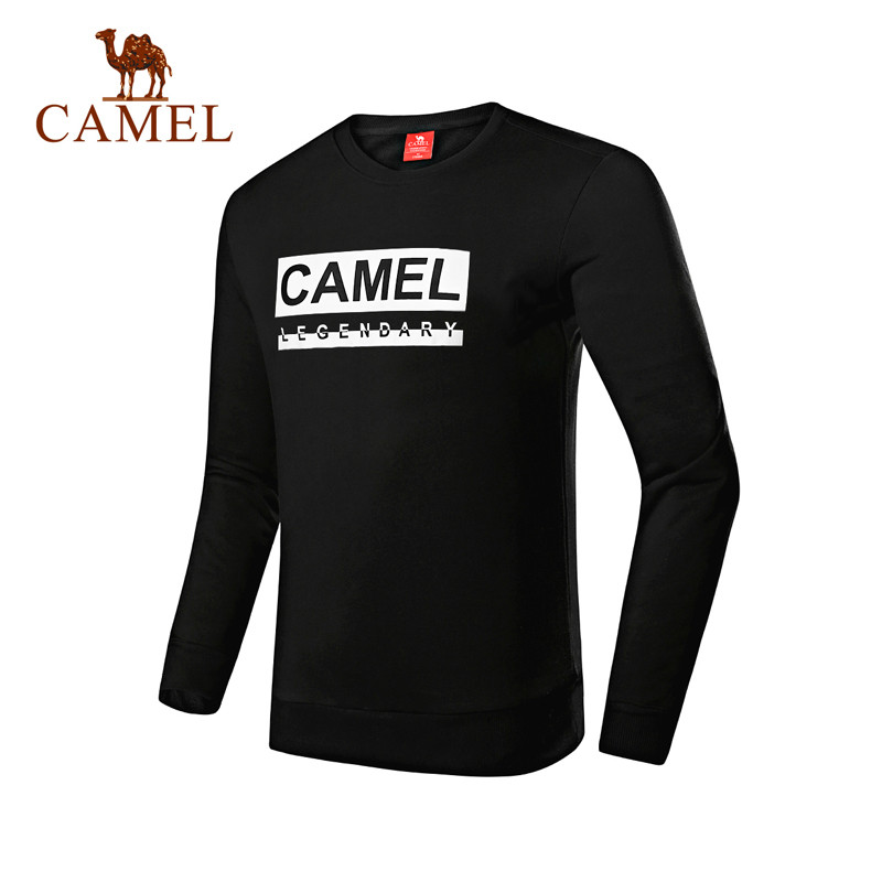 CAMEL骆驼男装长袖T恤上衣2018秋季新款圆领针织 休闲套头运动卫衣男潮 3XL J8W237121，黑色，男款