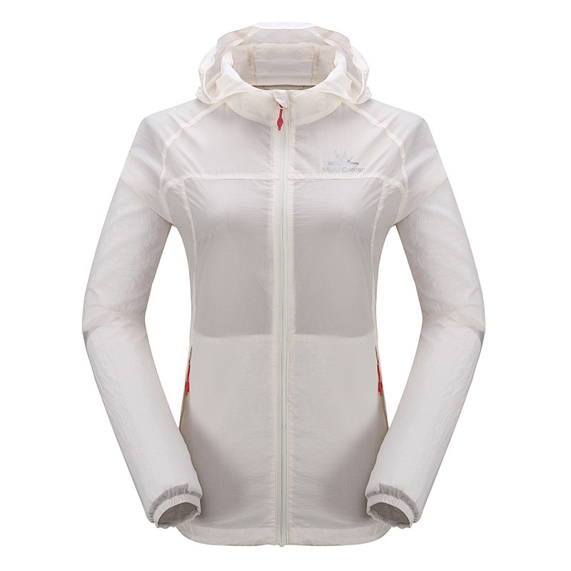 牧高笛户外徒步露营运动风衣轻薄防风防晒春夏季连帽皮肤衣女款EWA1716002 XL/170 奶白