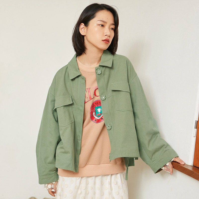 森宿Y纯色工装短外套女秋装2018新款ulzzang宽松显瘦休闲方领上衣 L 原野绿色