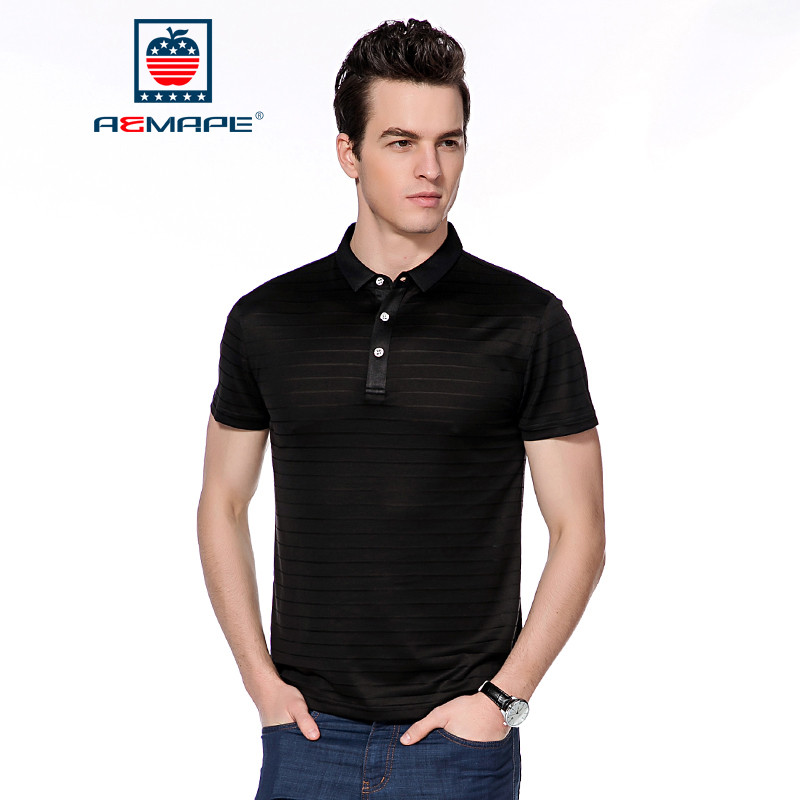 AEMAPE苹果竹纤维短袖POLO衫男士时尚条纹夏季休闲舒适T恤 56(190/XXXL) 黑色