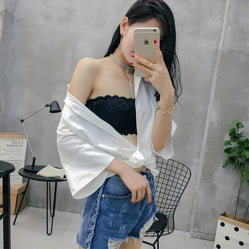 裹胸无肩带一片式夏季蕾丝打底内衣女士学生带胸垫 均码 2件白