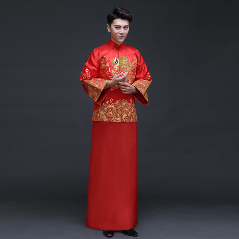 秀禾服男装中式结婚礼服古装秀禾服结婚礼服红色新郎服马褂袍唐装_5 XS 498男套装+礼帽