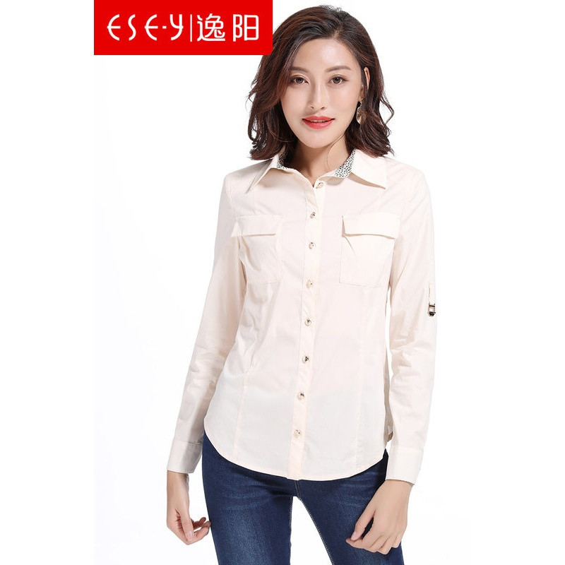 2018春装新款女装黑色系扣百搭POLO领长袖衬衣衬衫女清仓0243_3 2XL 米白色
