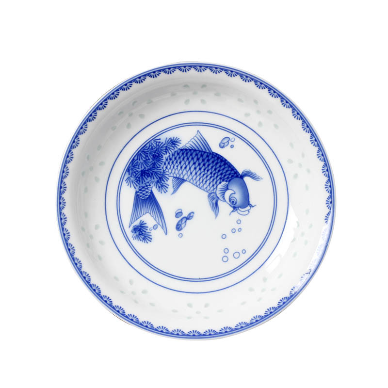 LICHEN 景德镇陶瓷饭盘深菜盘碟子青花玲珑瓷器釉中彩中式年年有余餐具8英寸 优品