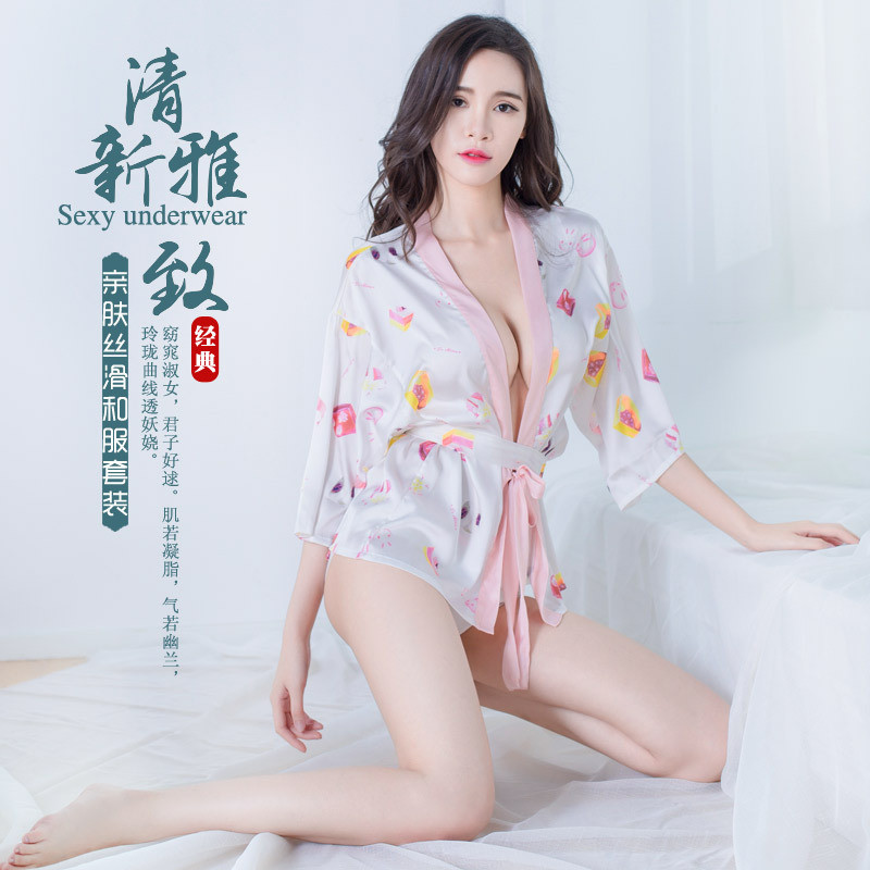 情趣内衣卡通开襟和服可爱浴袍露PP透视性感女佣制服SM套装_1_1_4 白色浴袍+内裤+腰带