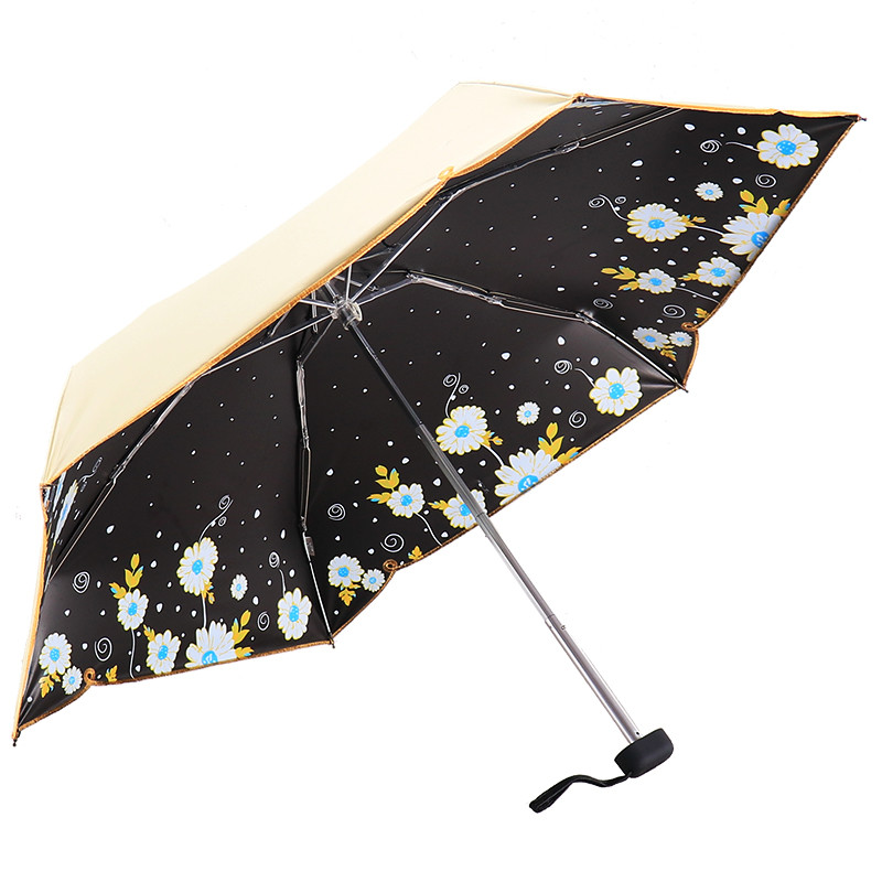 天堂伞 全遮光碰击布黑胶丝印绣边五折口袋晴雨伞太阳伞 L50061DLCJ 奶黄