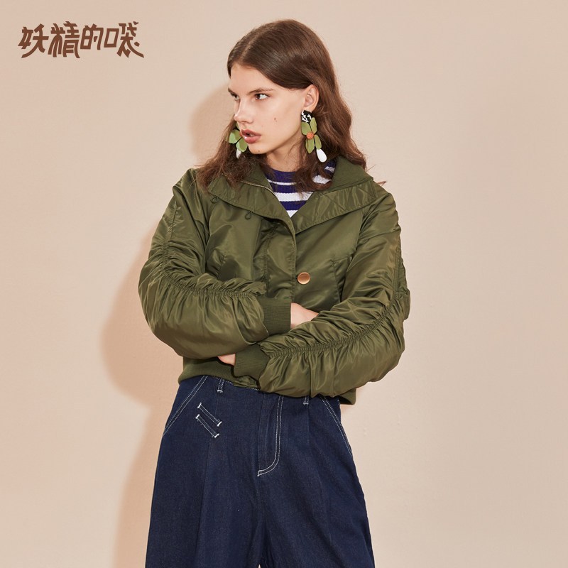 妖精的口袋Y韩版棉服秋装2018新款短款飞行服拉链休闲风棉衣女潮R_1 L 军旅绿色