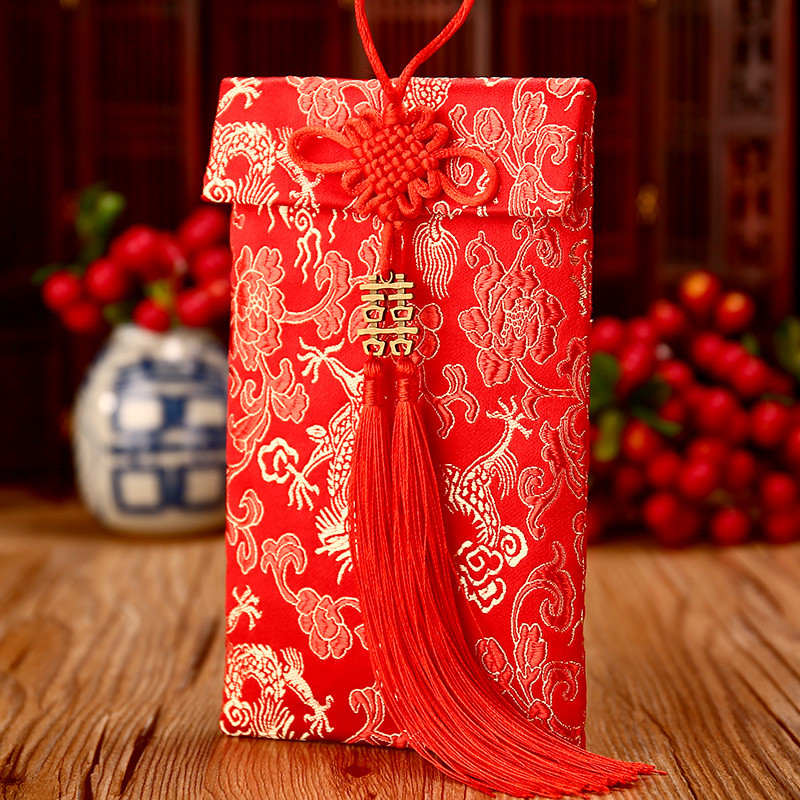 婚庆万元红包 结婚刺绣锦缎布艺改口红包袋利是封千元布红包 1万10*18cm铜喜流苏龙凤竖款