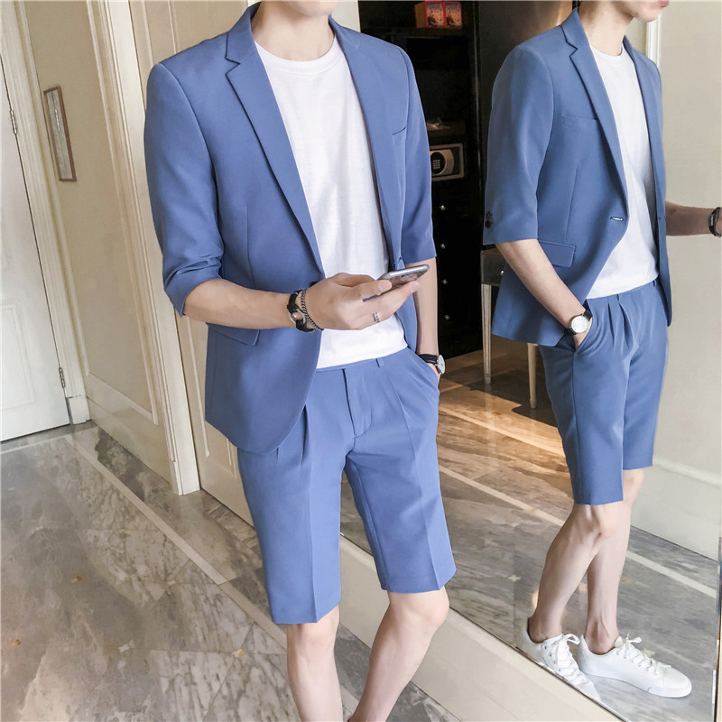 夏款社会精神小伙七分袖西服套装青年型师修身短款小西装套装潮_2_9 XL 蓝色
