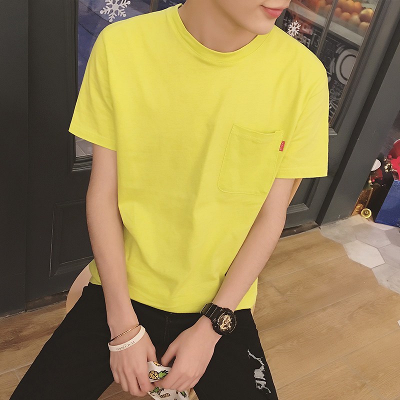 港风男装2018夏装口袋袖标港风纯色打底衫韩版男士短袖T恤男装_1 2XL 黄色