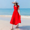 裙子女夏女士新品韩版修身雪纺仙女连衣裙红色短袖高腰沙滩长裙潮 3XL 大红色