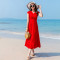 裙子女夏女士新品韩版修身雪纺仙女连衣裙红色短袖高腰沙滩长裙潮 3XL 大红色