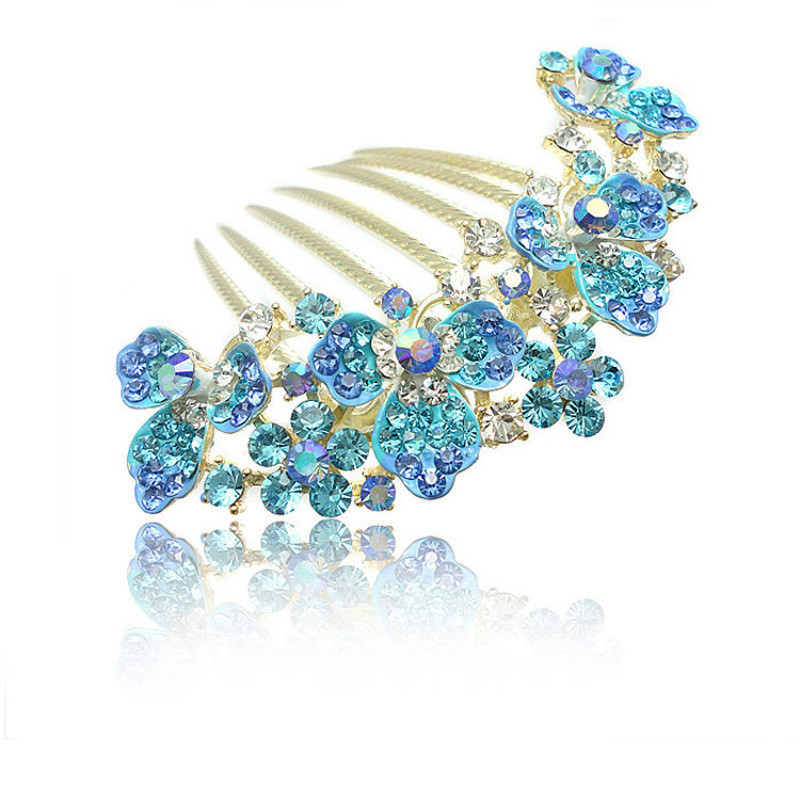 新娘饰七齿插梳花朵婚纱头饰滴油合金梳饰品梳YWXL5303送女朋友七夕情人节礼物_9 孔雀蓝