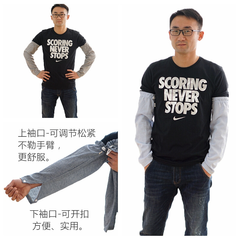 宽松加肥纯棉袖套长款防晒护袖男大码夏季开车防紫外线手臂套袖骑自行车胳膊套袖成人防静电防滑套_1 牛仔蓝L