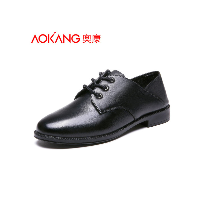 奥康(AOKANG)女鞋新款圆头真皮女单鞋防滑透气时尚休闲皮鞋低帮系带小白鞋单鞋子 黑色 37码