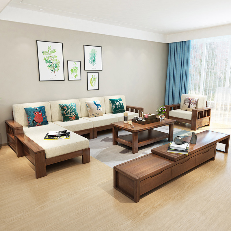 老故居 沙发 实木沙发 现代中式沙发组合 转角橡胶木沙发小户型木质布艺客厅家具 三人位【颜色备注】
