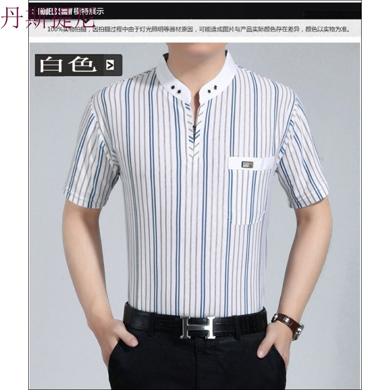 中老年爸爸男装体恤衫立领夏季中年男士直筒条纹短袖休闲_9 175/52 白色