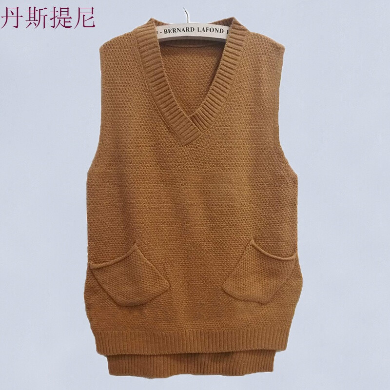 2018春秋V领马甲针织衫套头中长款背心无袖毛衣女潮宽松外套米白色均码 默认尺寸 卡其色