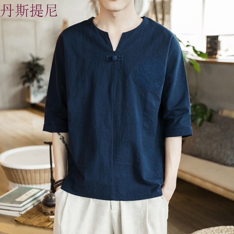 中国风夏季棉麻汉服上衣男亚麻唐装复古居士服禅修道服中式男_3_5 4XL T19藏青