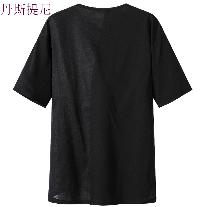 2018夏季新款纯色短袖T恤男圆领青年宽松时尚潮流拼接简约上衣黑色 54/185/XXL 默认颜色