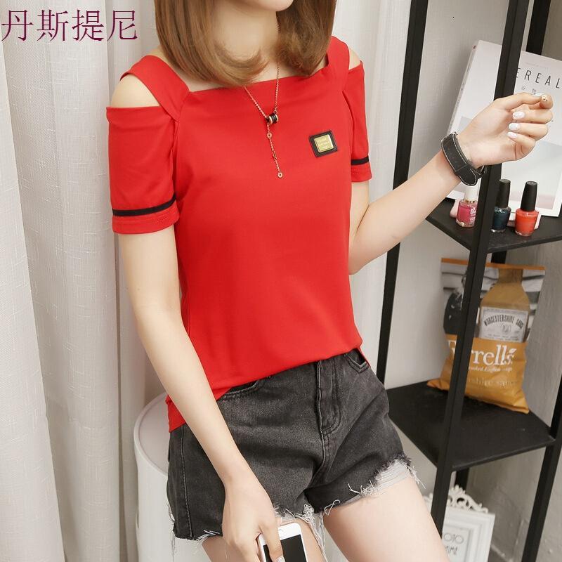 2018夏季新款女装时尚纯棉短袖T恤女半袖体恤白色一字领上衣_2 L 红色