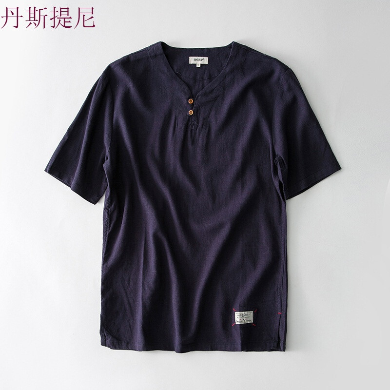 亚麻T恤男中国风男装纯色短袖打底衫白色韩版潮流修身半截袖上衣 5XL 藏青色