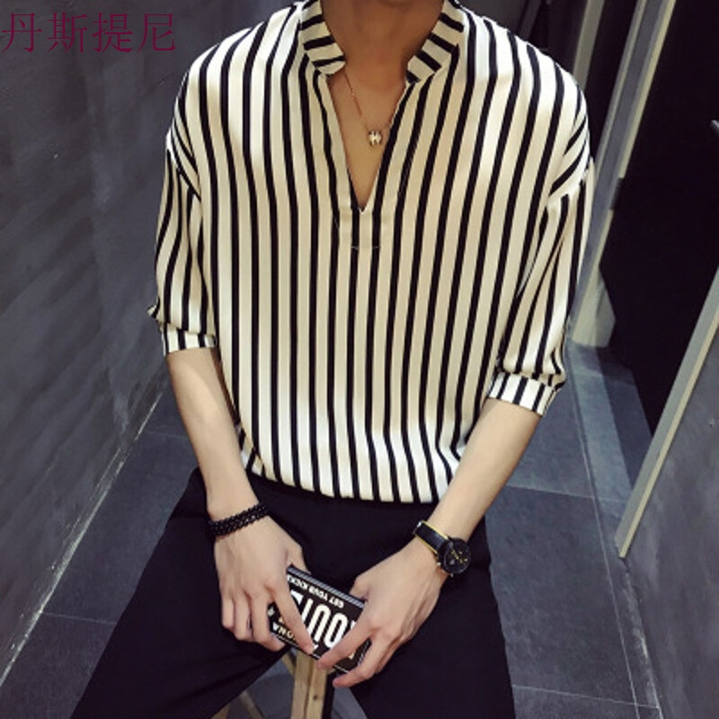 夏季男士型师社会小伙夜场个性ⅴ领五分袖T恤潮流短袖上衣服装_3 XL 1243