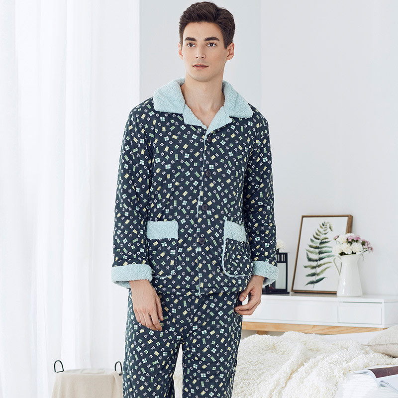 爱帝男士冬季夹棉印花家居套加厚防寒保暖外穿休闲家居服套装 XL 深灰