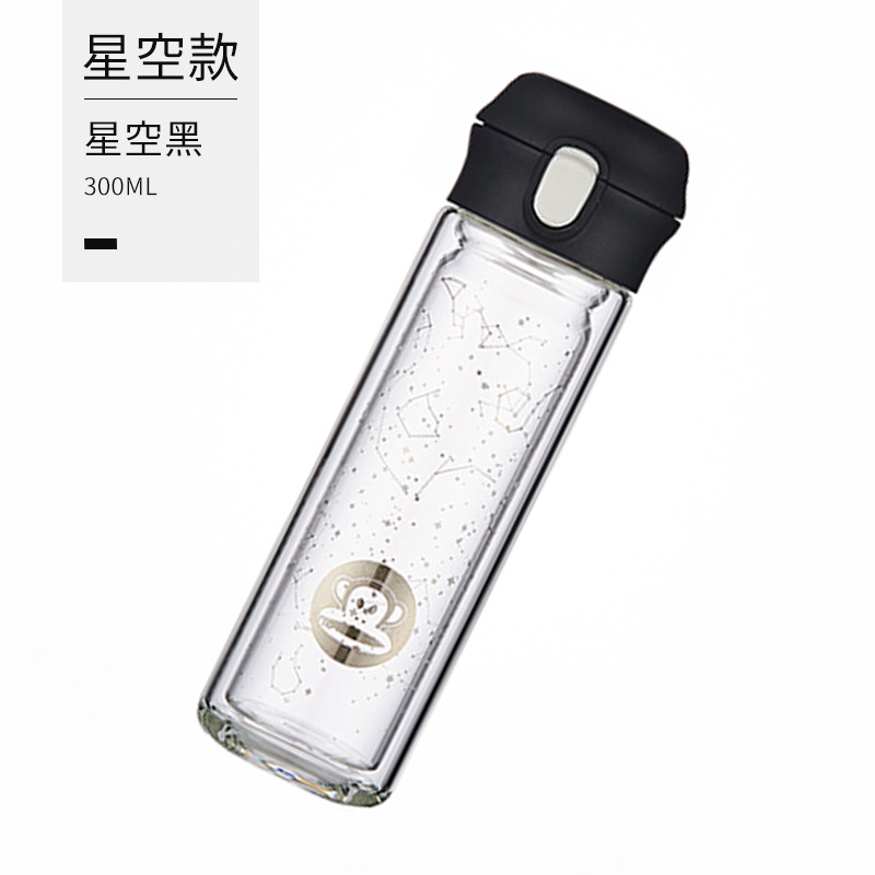 大嘴猴双层玻璃杯300ML 创意弹盖水杯 便携车载随手杯男女耐热家用过滤茶杯 星空黑-星空款
