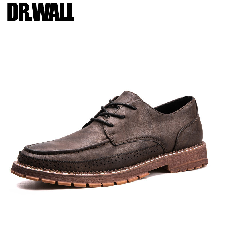 英国品牌Dr.wall2018秋季新款皮鞋男士真皮韩版商务正装潮流布洛克增高男鞋英伦黑色休闲皮鞋男小皮鞋橡胶鞋底 卡其色 39码