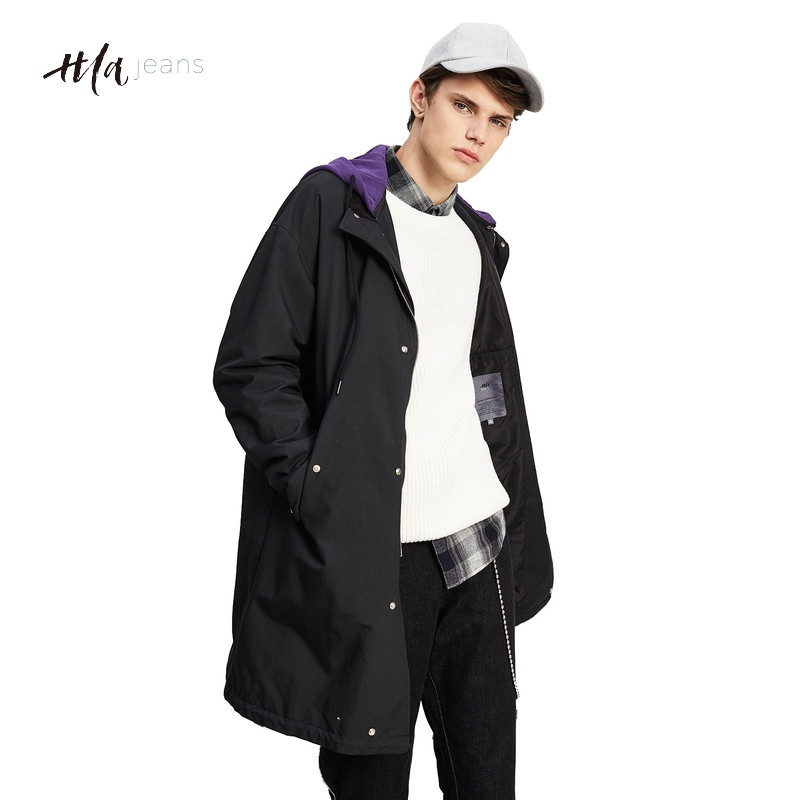 HLAJEANS带领连帽风衣2018秋季新品男装中印花装饰长款夹克男CWFAJ38028A 黑色28 185/100A