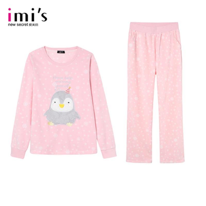 IMIS 爱美丽家居服 企鹅摇粒绒圆领套头上衣裤子套装 粉色 165