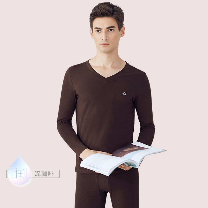 爱帝男士防寒保暖内衣 棉莱卡冬季V领秋衣秋裤薄款打底内衣套装 XXL 深咖啡