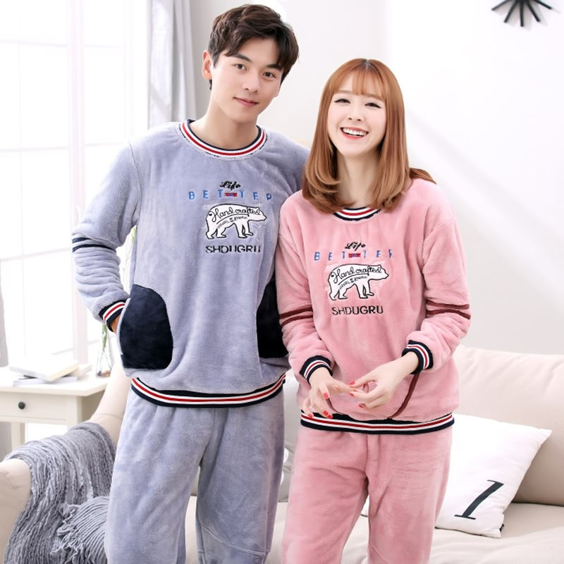 爱心鼠(Aixinshu) 秋冬季水貂绒保暖睡衣长袖情侣服套装秋冬天厚款法兰绒男士女士家居服9395 男款2XL码 图色
