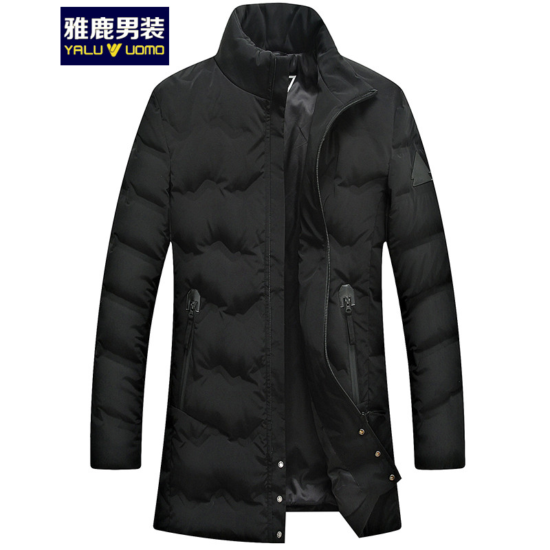 雅鹿男装2018冬季新款中年时尚羽绒服加厚中长款立领休闲外套潮 190/XXXL 黑色