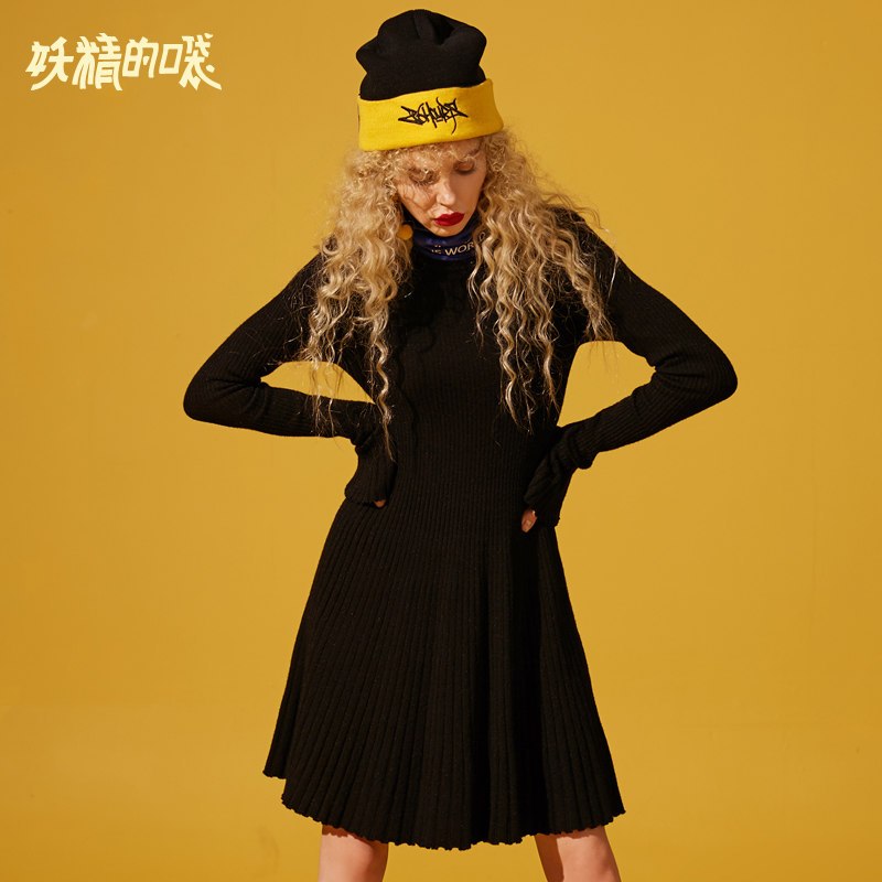 妖精的口袋Y早秋针织连衣裙女中长款秋装2018新款欧货长袖裙子J S 黑色剪影
